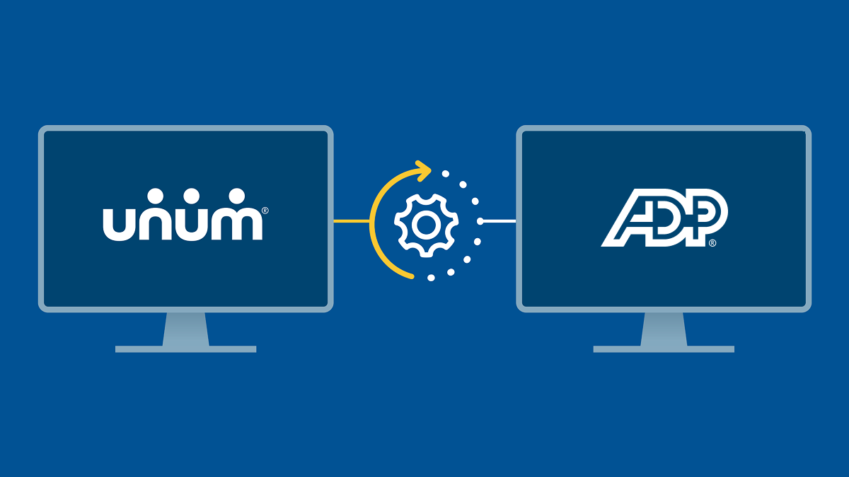A visual of a computer with the Unum logo connecting to a computer with the ADP logo